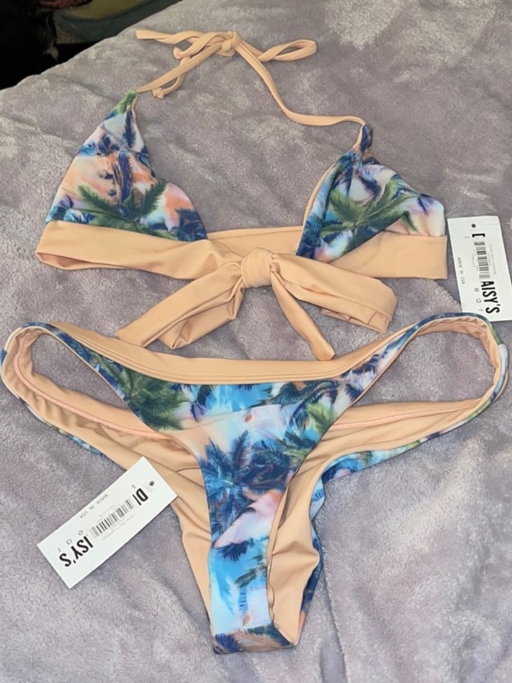 Dippin' Daisy's Peach and Tropical Blue Palm Print Bikini Bottoms